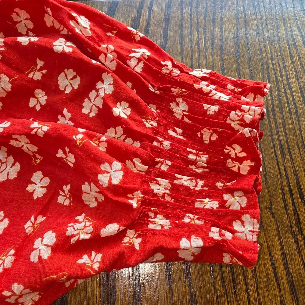 Madewell Red Floral Clip Dot Peplum Blouse Short Puff Sleeve Button Front Top M